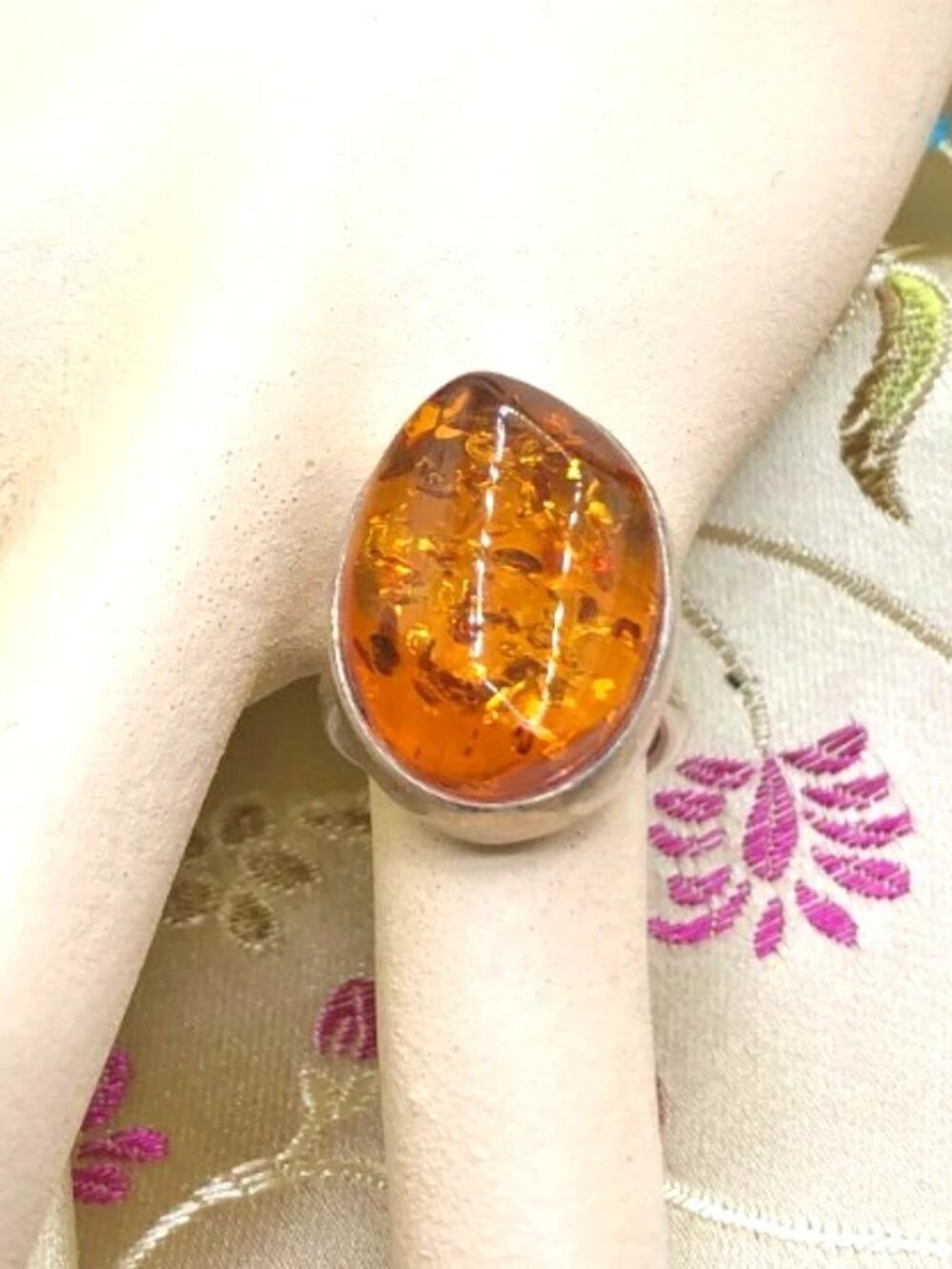 HUGE vintage baltic amber cabochon sterling silver ring, SPARKLY FLASHLIGHT